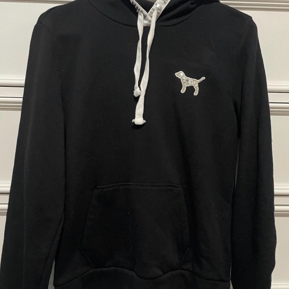 PINK Victoria's Secret Black Hoodie with White Dog glitter